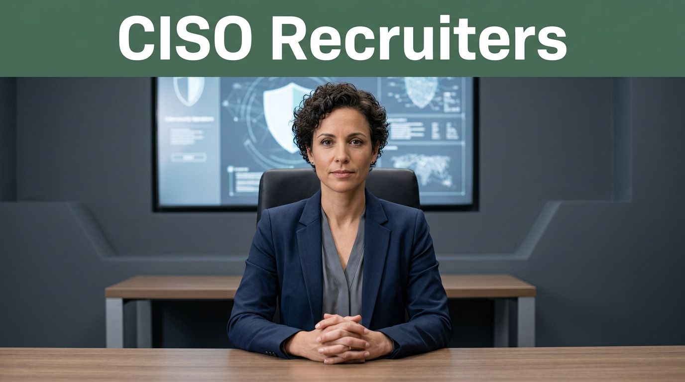 A professional woman in a navy suit sits before an abstract cybersecurity display.