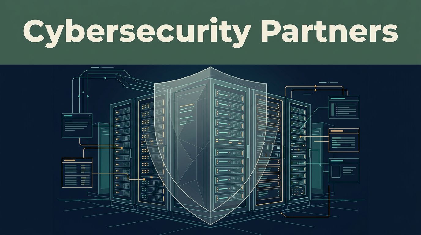 Illuminated server racks protected by a glowing shield and network lines.
