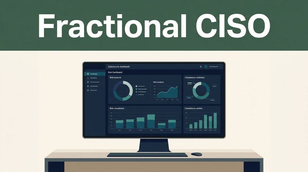 A modern cybersecurity dashboard displayed on a minimalist desk with abstract risk and compliance visuals.