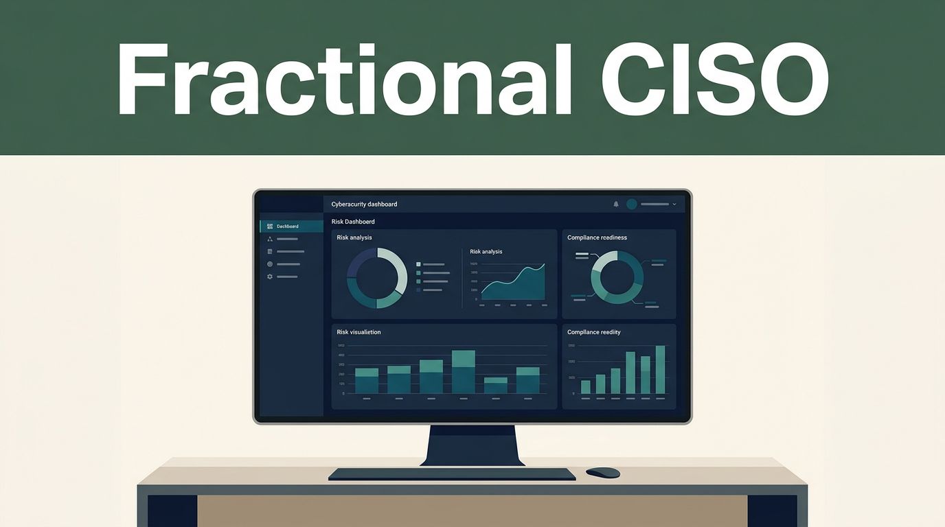 A modern cybersecurity dashboard displayed on a minimalist desk with abstract risk and compliance visuals.