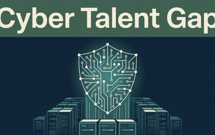 A luminous security shield above a data center beneath a cyber talent headline.