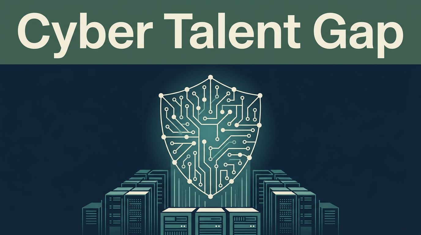 A luminous security shield above a data center beneath a cyber talent headline.