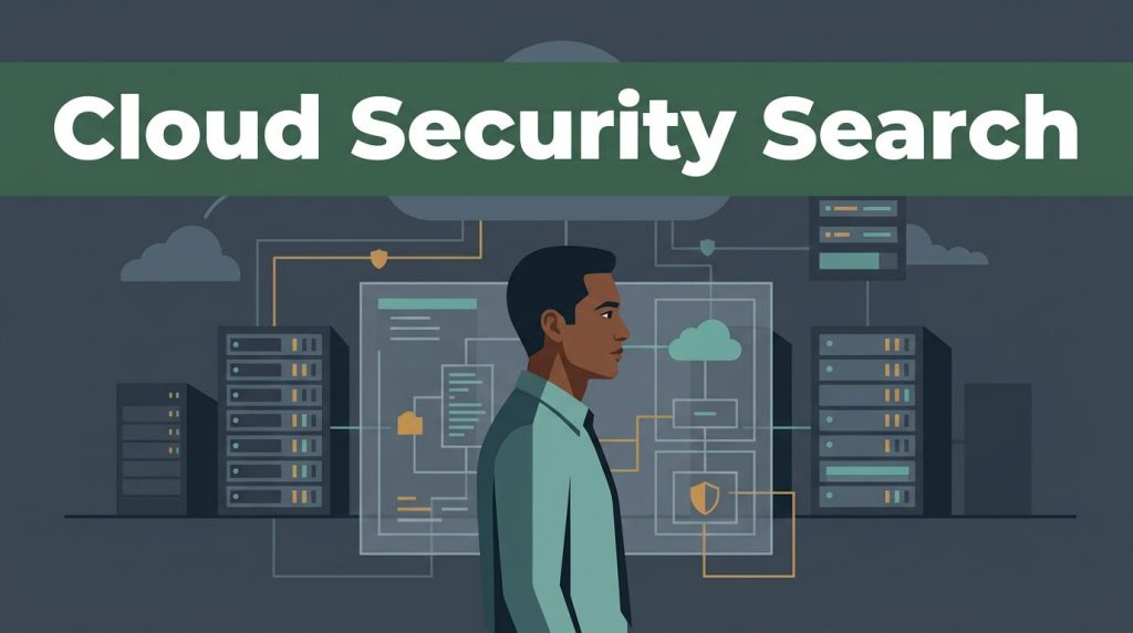 Profiled cloud security engineer before server diagrams and a green headline band.