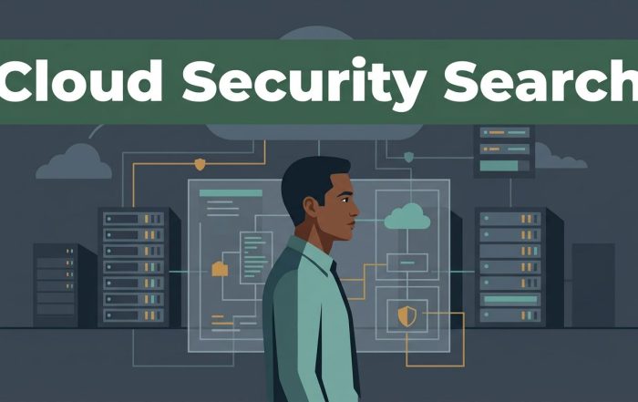 Profiled cloud security engineer before server diagrams and a green headline band.
