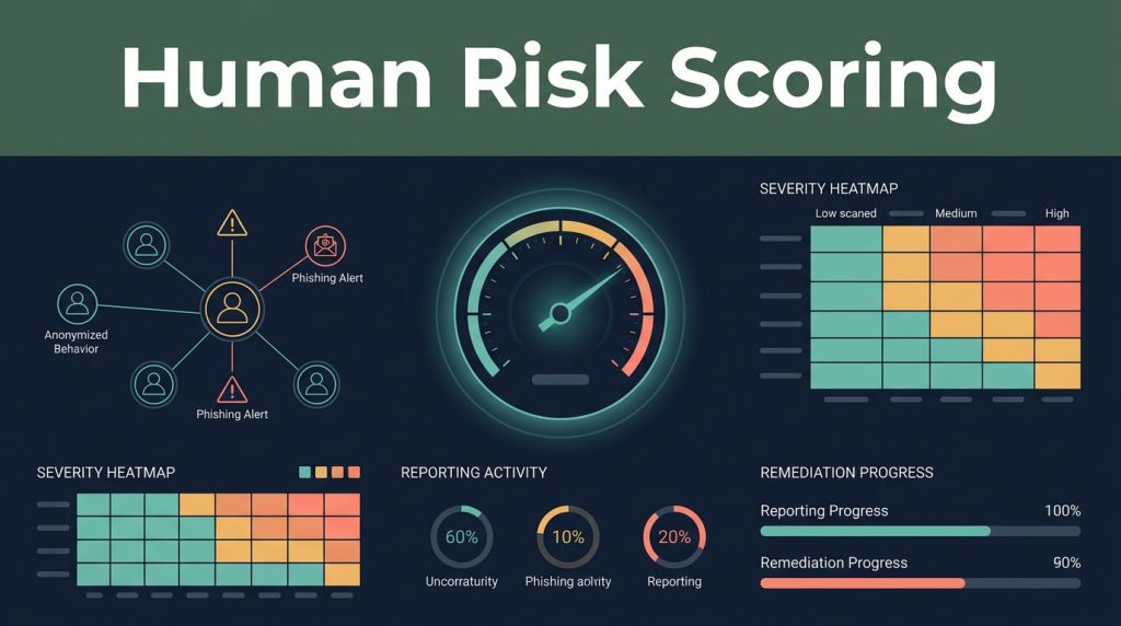 A cybersecurity dashboard shows a glowing risk gauge, employee behavior nodes, alerts, and progress indicators.