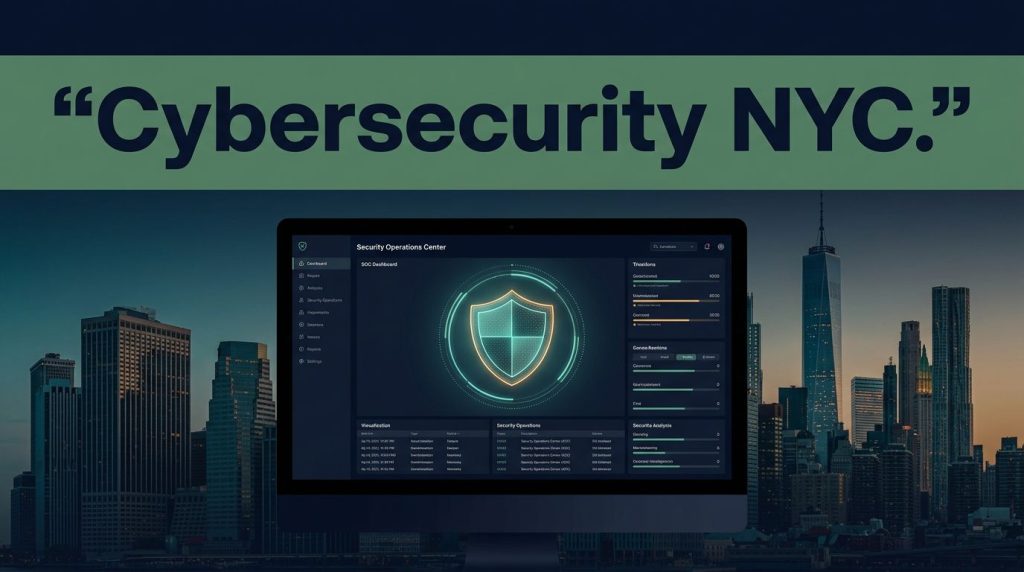 A glowing security dashboard and shield sit before the Manhattan skyline at dusk.