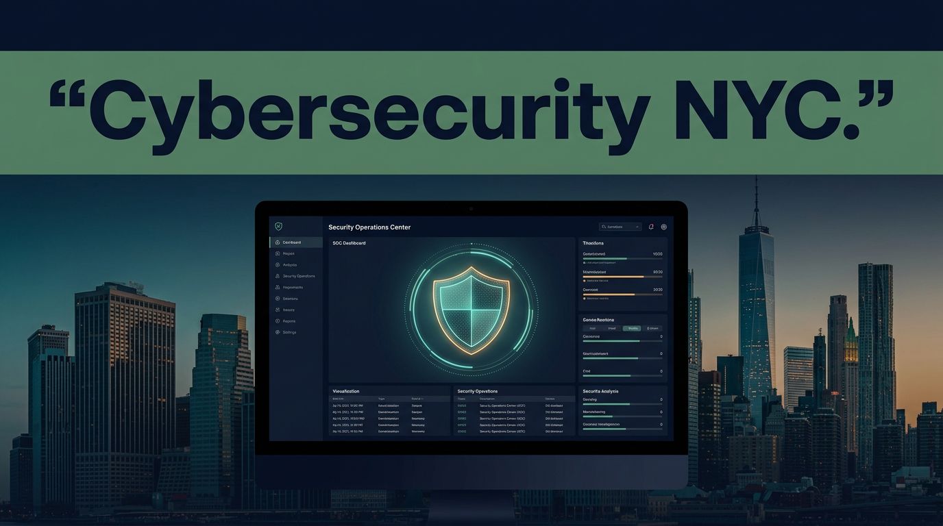 A glowing security dashboard and shield sit before the Manhattan skyline at dusk.
