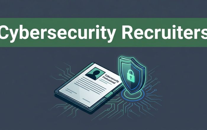 A security profile folder and glowing shield beneath a green Cybersecurity Recruiters headline.