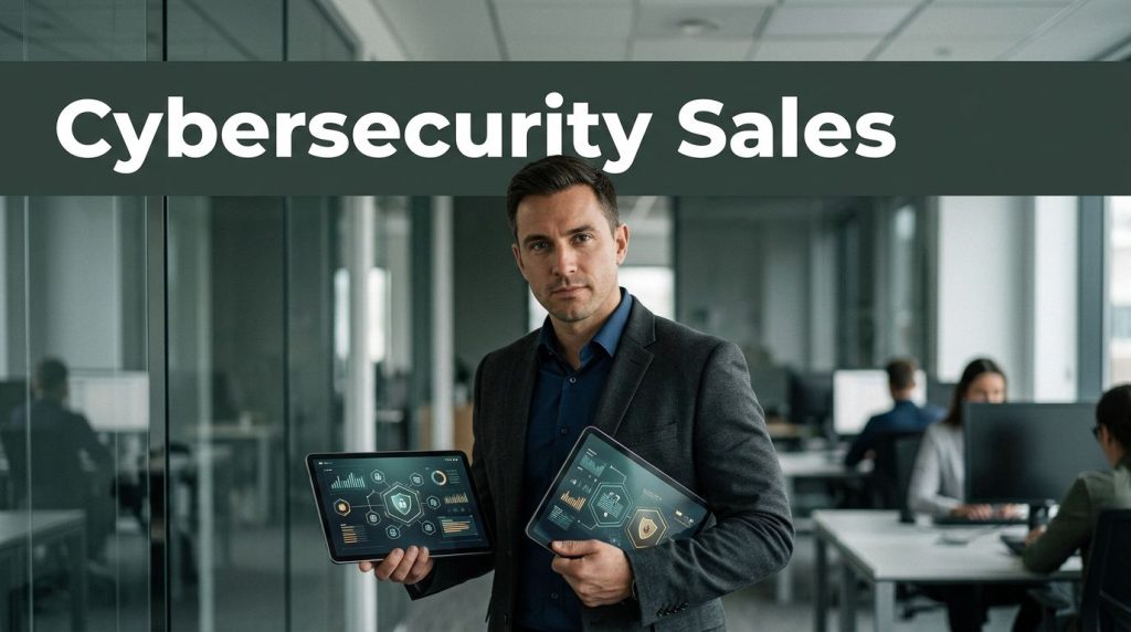 Cybersecurity sales leader holding a tablet in a muted technology office.