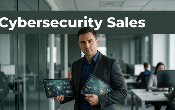 Cybersecurity sales leader holding a tablet in a muted technology office.