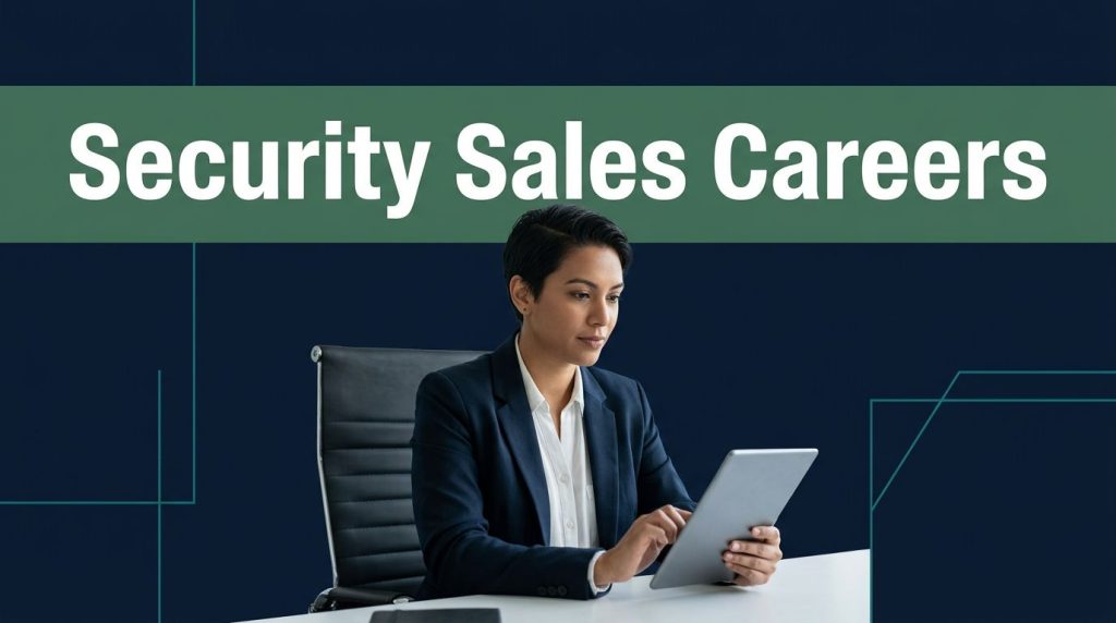Recruiter reviews a tablet beside a cybersecurity network graphic under a Security Sales Careers banner.
