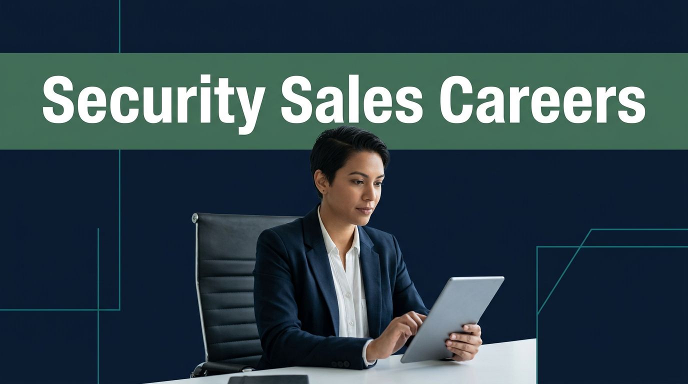 Recruiter reviews a tablet beside a cybersecurity network graphic under a Security Sales Careers banner.