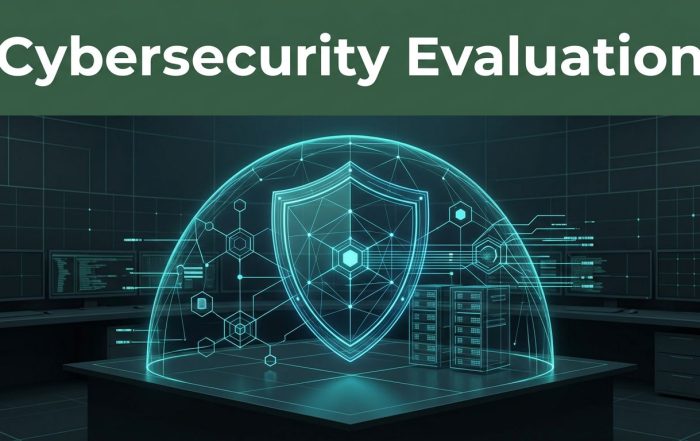 A glowing shield protects connected nodes beneath a white cybersecurity headline.