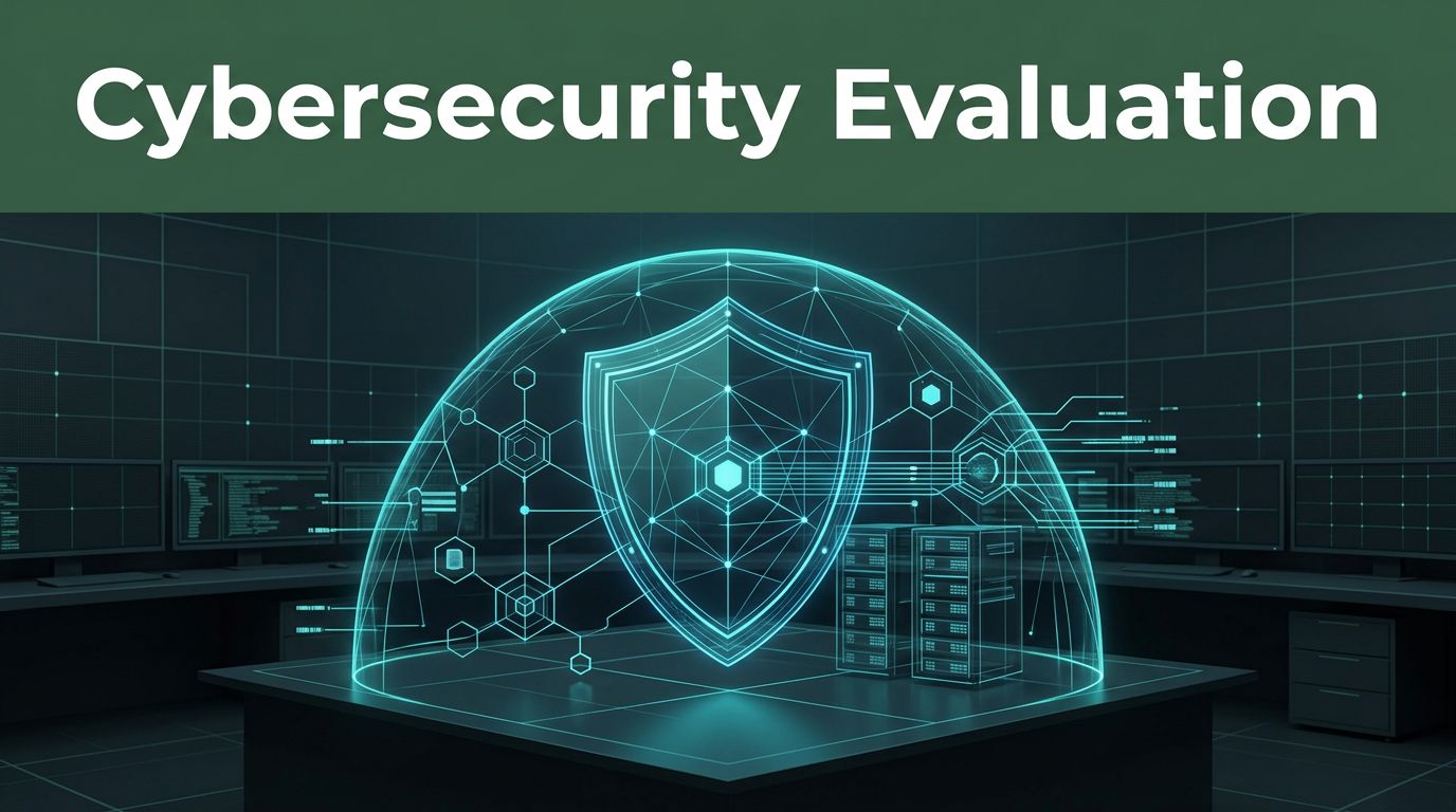 Cybersecurity Command Center A glowing shield protects connected nodes beneath a white cybersecurity headline.