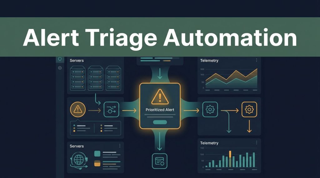 A cybersecurity dashboard showing an automated alert triage pipeline with teal and amber accents.