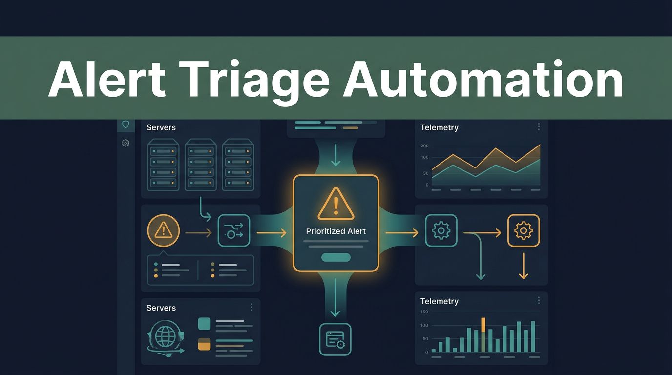 A cybersecurity dashboard showing an automated alert triage pipeline with teal and amber accents.