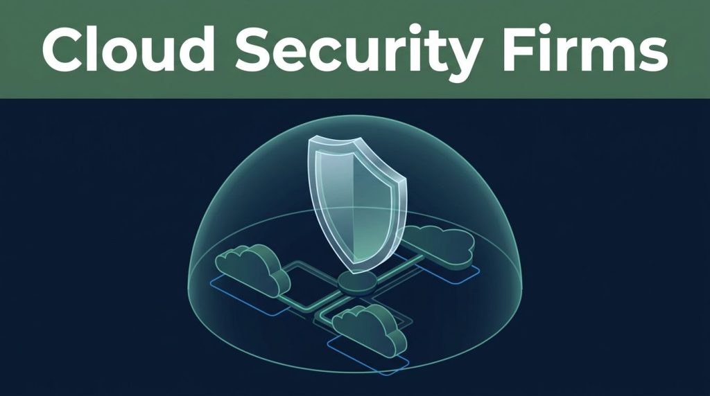A glowing cybersecurity shield protects a multi-cloud network on a navy background.