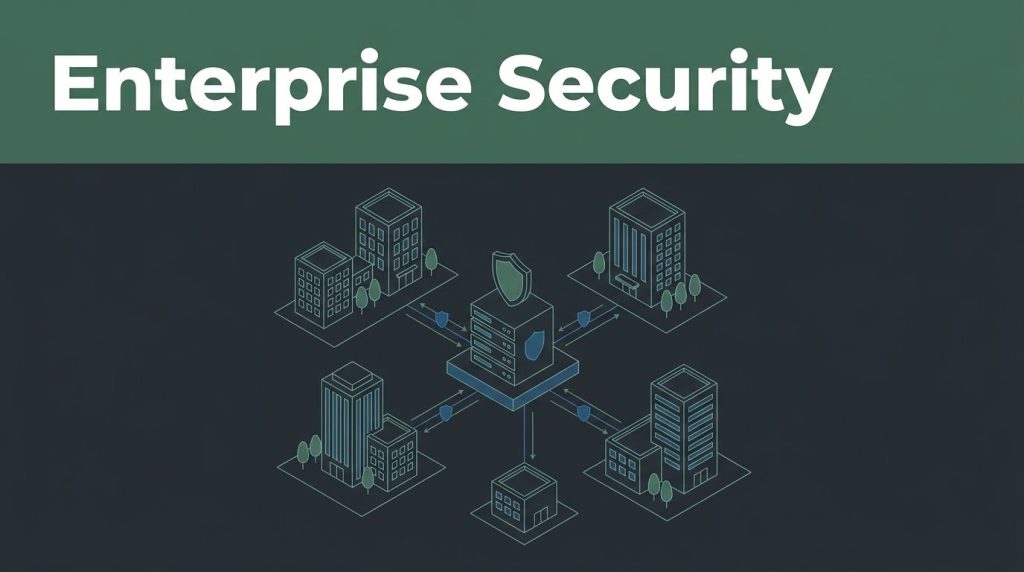 An isometric network diagram connects multiple offices to a secure central server hub.