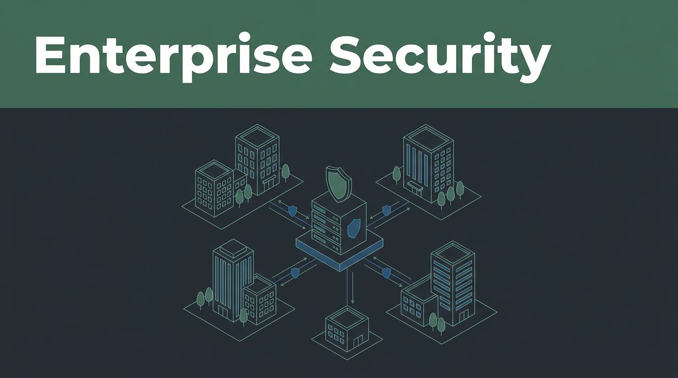 An isometric network diagram connects multiple offices to a secure central server hub.