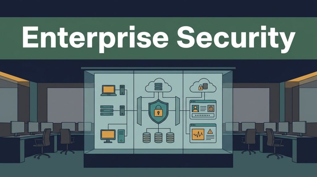 Glass display showing enterprise network security systems in a modern operations center.