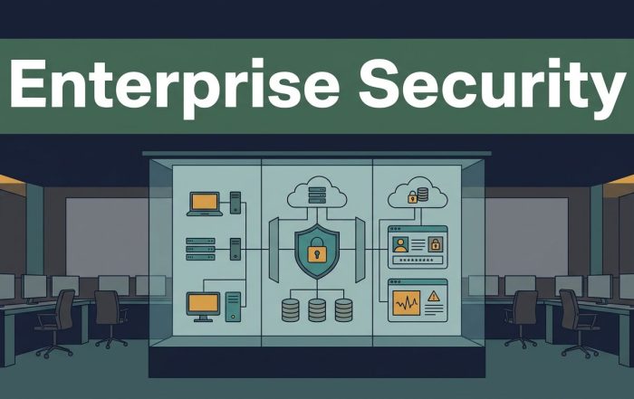 Glass display showing enterprise network security systems in a modern operations center.