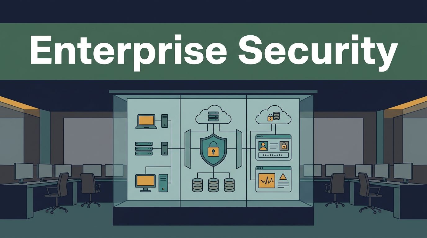 Glass display showing enterprise network security systems in a modern operations center.