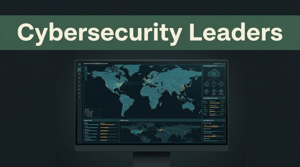 An enterprise security console showing threat maps and cloud infrastructure.