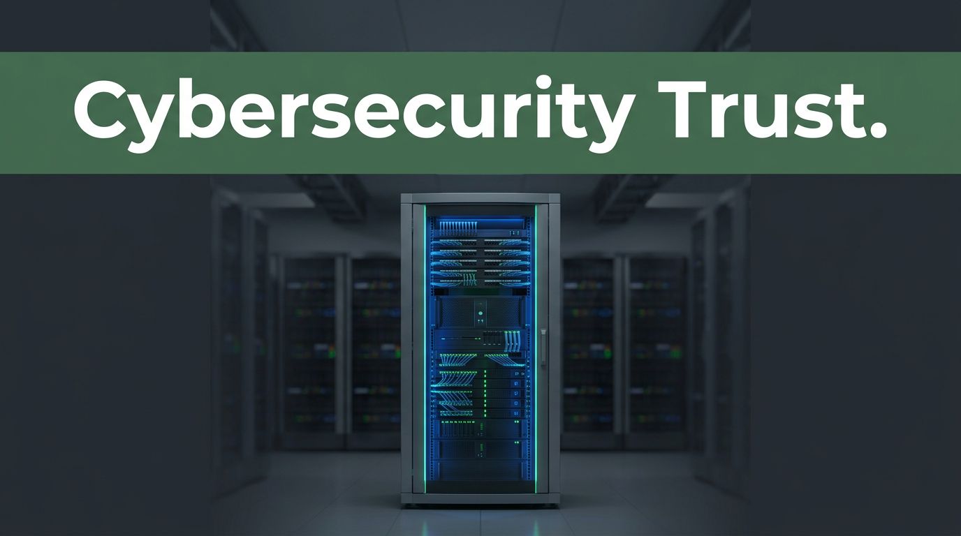 A secure server cabinet in a modern data center with blue-green lighting against a dark background.