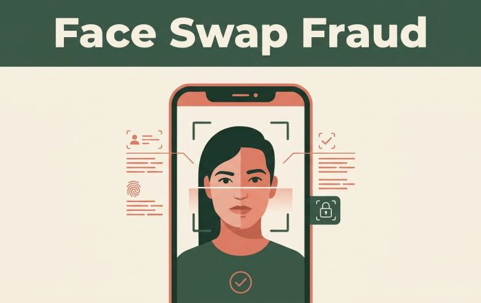 A smartphone showing a biometric face scan with a digital swap glitch next to a security header.