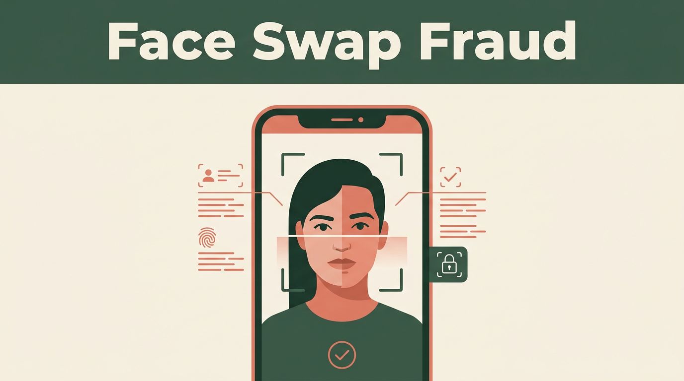 A smartphone showing a biometric face scan with a digital swap glitch next to a security header.