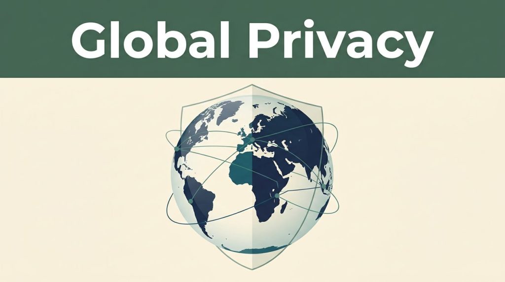 A translucent globe showing key compliance regions with connected data lines.