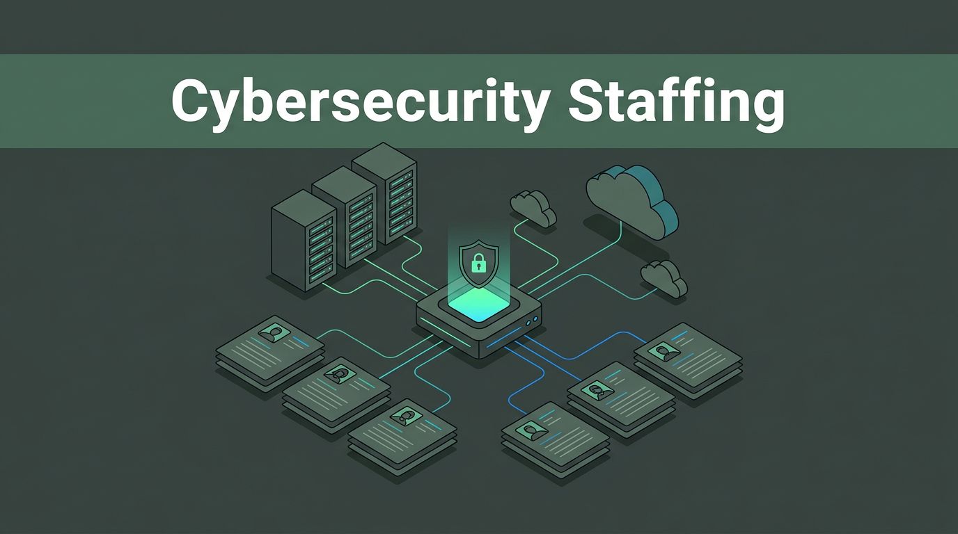 A glowing network hub connects servers and candidate profile cards in a dark cybersecurity workspace.