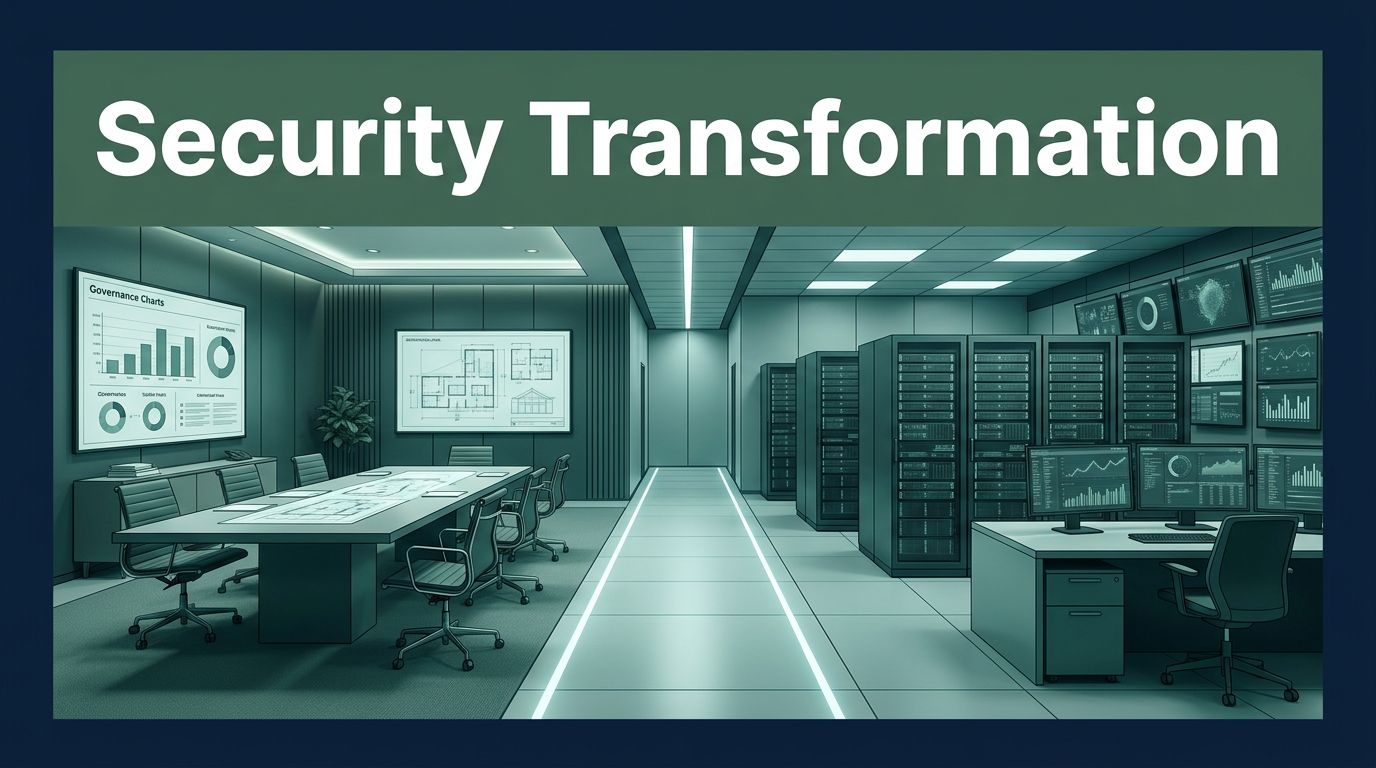 An executive boardroom linked by a glowing path to a high-tech security monitoring center.