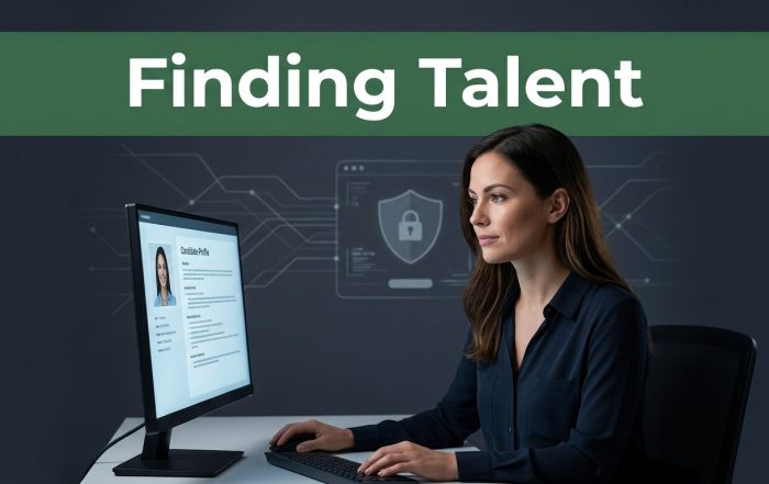A female cybersecurity recruiter reviews a candidate profile on a glowing office monitor.