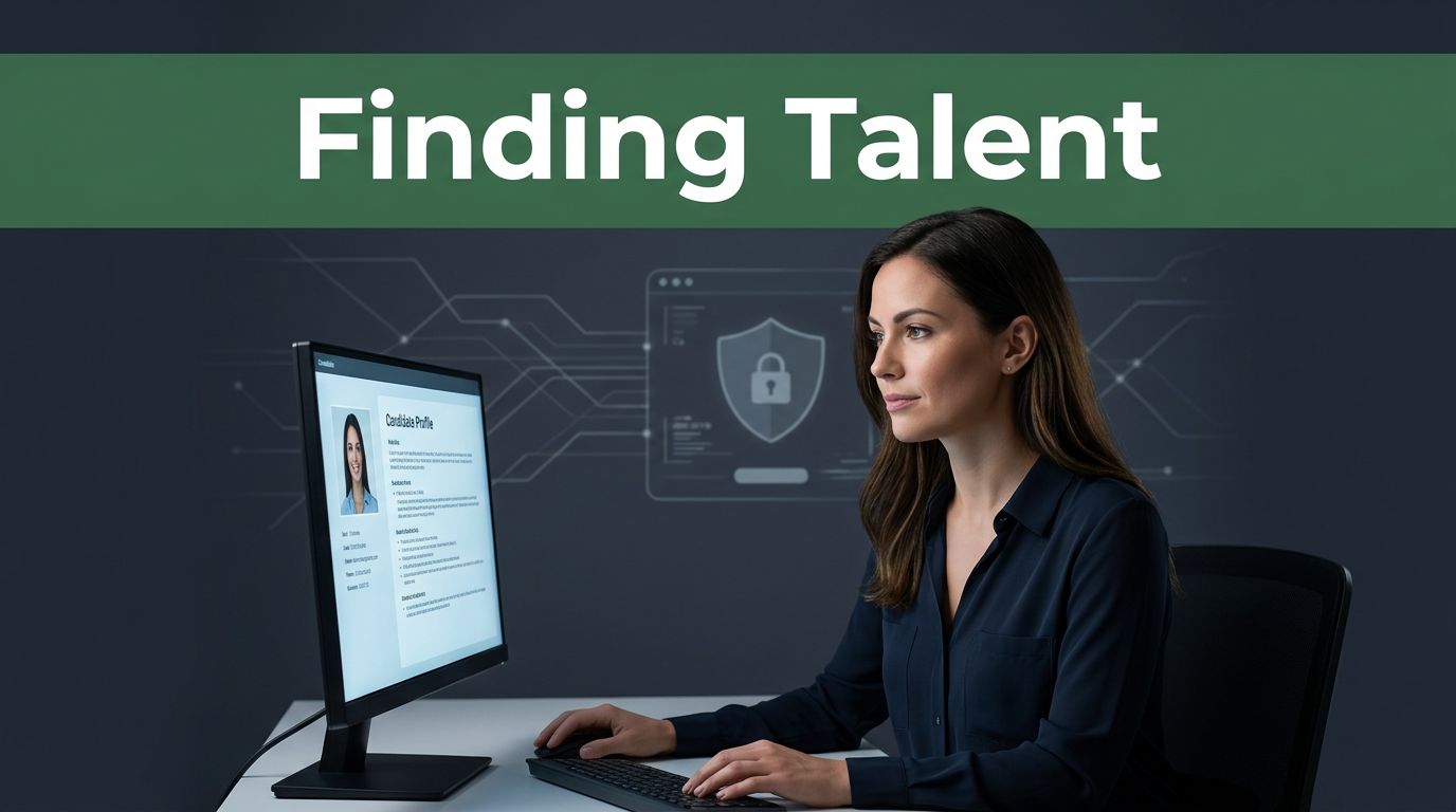 A female cybersecurity recruiter reviews a candidate profile on a glowing office monitor.