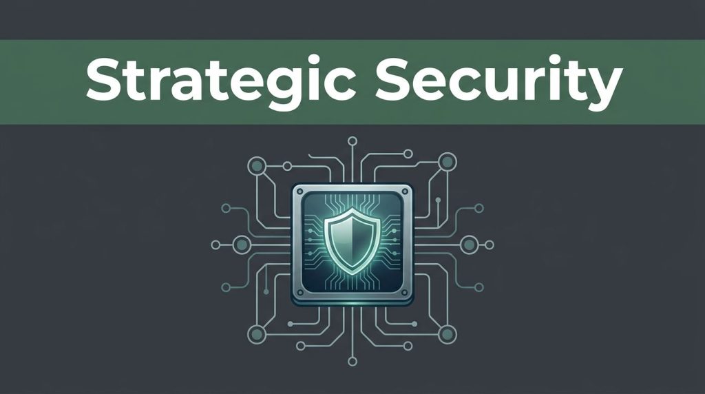 A glowing cybersecurity shield and network diagram set against a dark charcoal background.