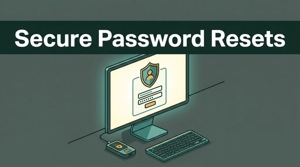 Cybersecurity workstation with a shield display, hardware authenticator, keyboard, and “Secure Password Resets” banner.