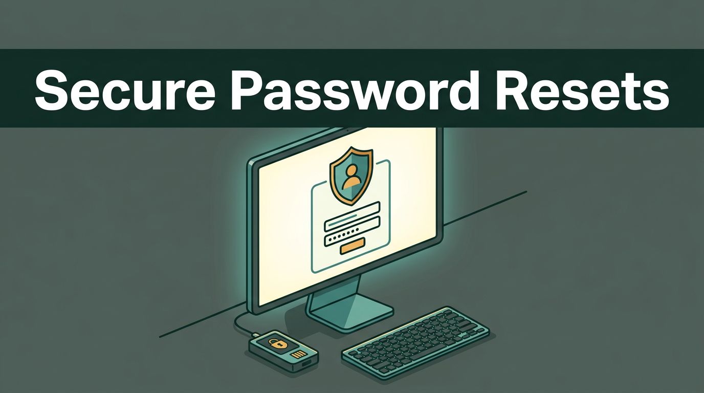 Cybersecurity workstation with a shield display, hardware authenticator, keyboard, and “Secure Password Resets” banner.