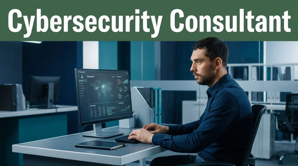 A cybersecurity consultant reviewing a glowing risk dashboard at a modern workstation.