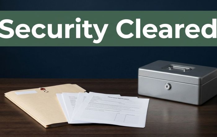 An executive desk with a personnel file, application forms, and a secure lockbox on a navy background.