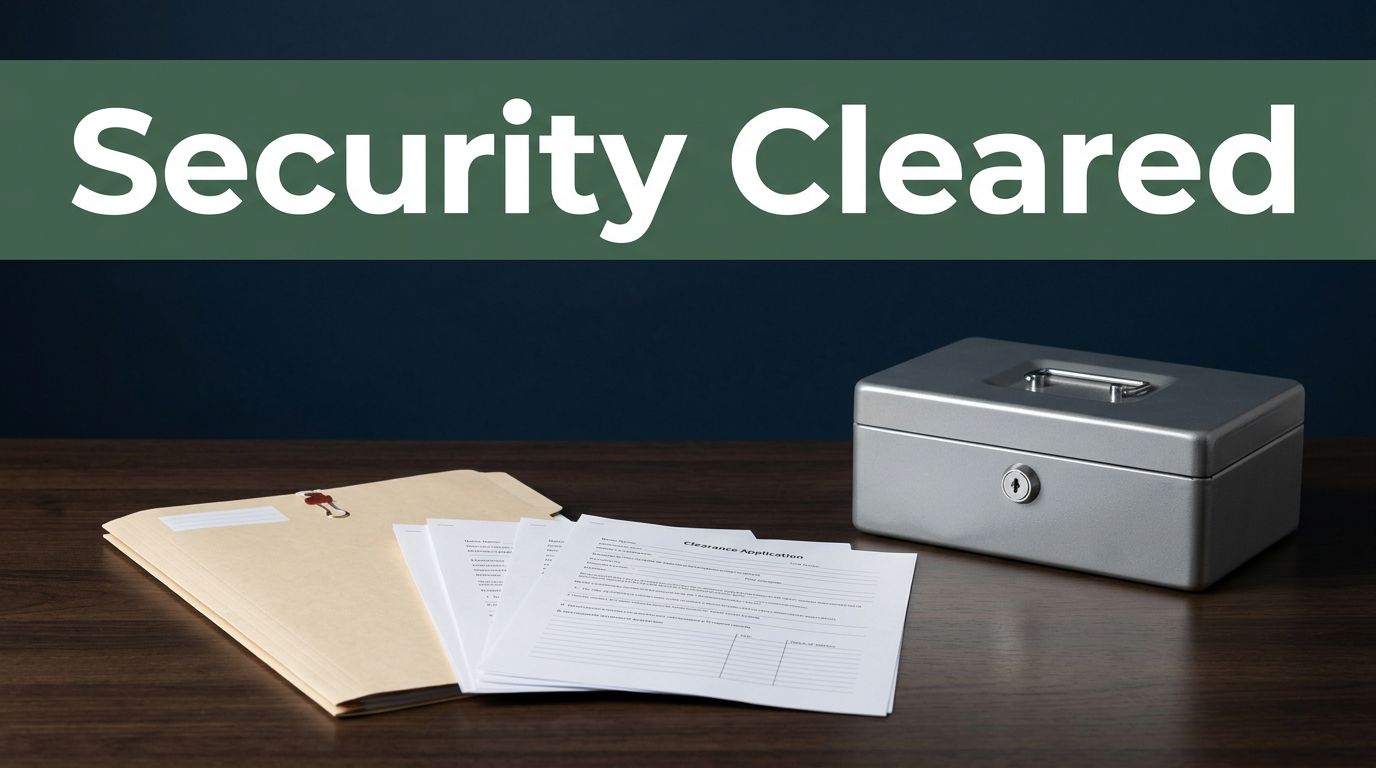 An executive desk with a personnel file, application forms, and a secure lockbox on a navy background.