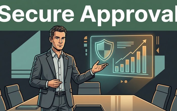 An executive presenting a glowing shield risk model and financial chart in a modern boardroom.