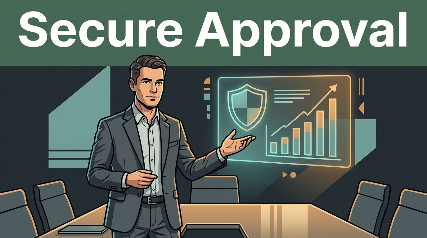 An executive presenting a glowing shield risk model and financial chart in a modern boardroom.