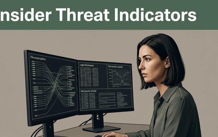 Security analyst reviewing access patterns and file transfers beneath an Insider Threat Indicators headline.