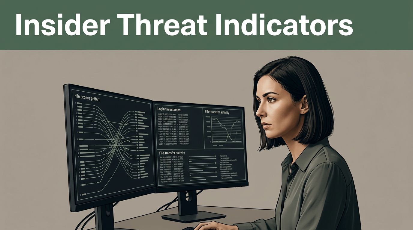 Security analyst reviewing access patterns and file transfers beneath an Insider Threat Indicators headline.