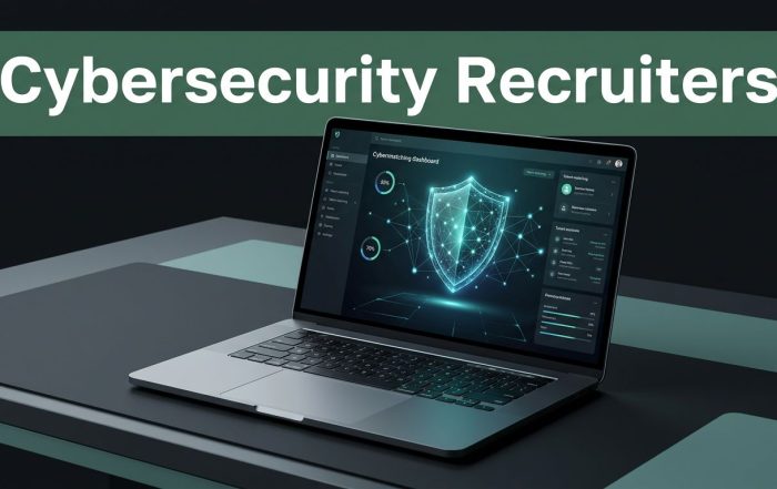 Laptop showing a cybersecurity recruiting dashboard with a glowing shield and network connections.