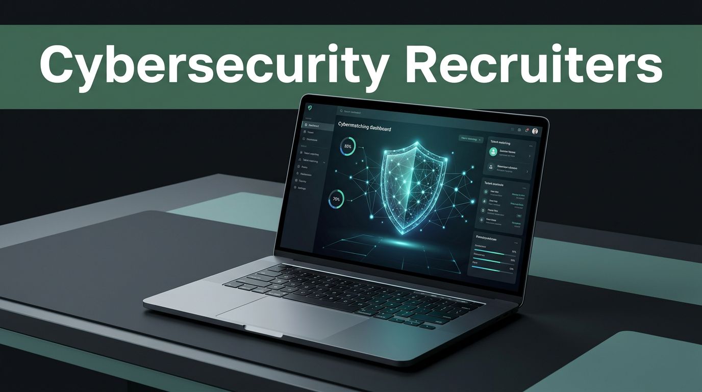 Cybersecurity Recruiting Dashboard Laptop showing a cybersecurity recruiting dashboard with a glowing shield and network connections.