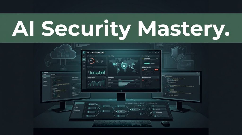 A dark workstation with a glowing cybersecurity threat-detection interface and code fragments.