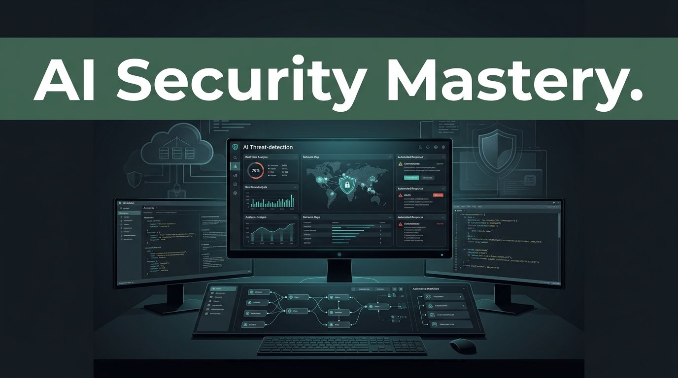 A dark workstation with a glowing cybersecurity threat-detection interface and code fragments.