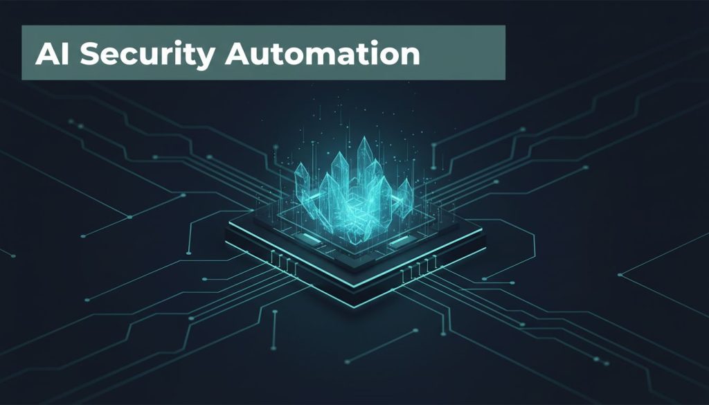 A dark navy cybersecurity hub with a glowing automation engine and teal accents.